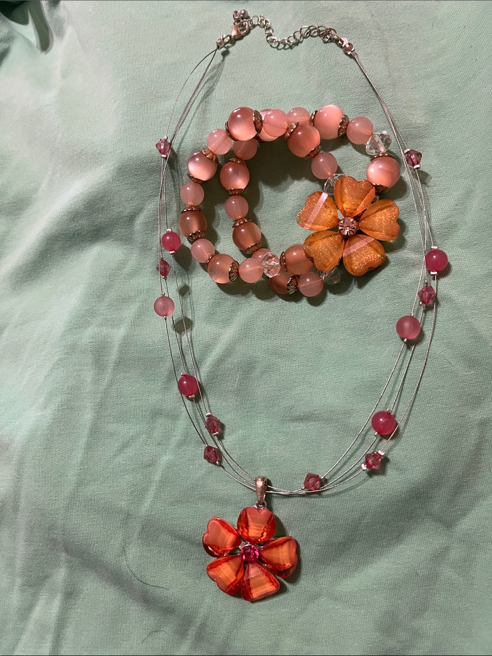 Pink and Orange Floral Pendant Necklace and Bracelet Set